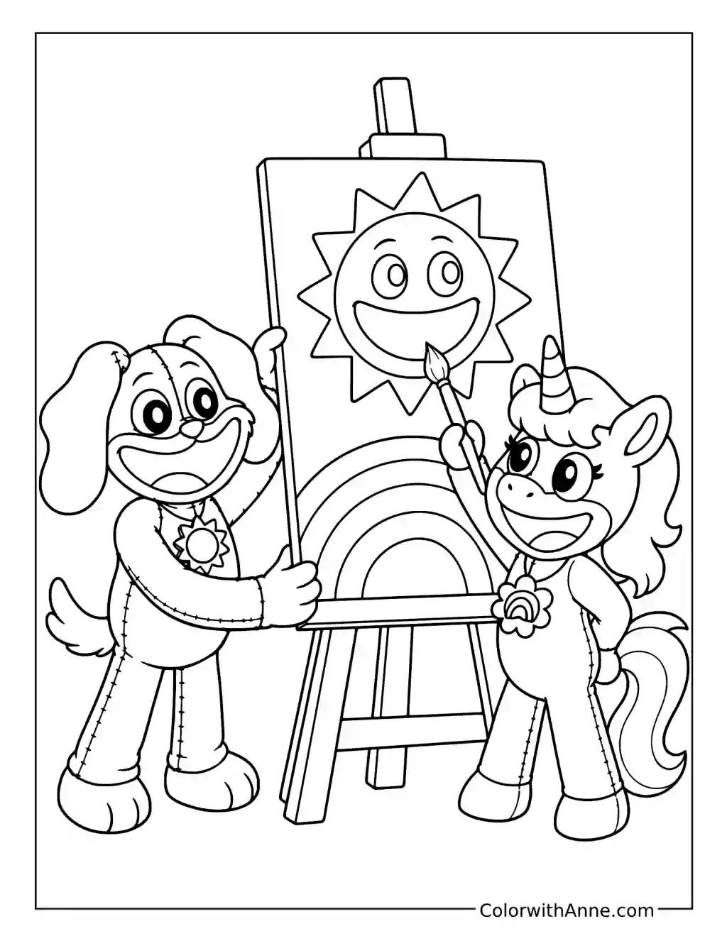 DogDay and CraftyCorn Painting a Smiling Sun coloring page