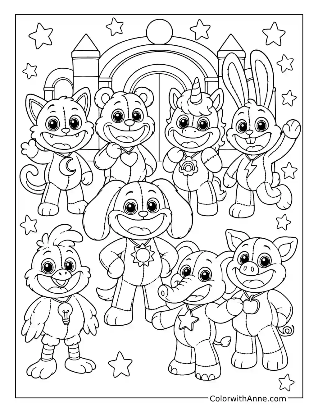 DogDay and the Smiling Critters Beneath a Rainbow coloring page