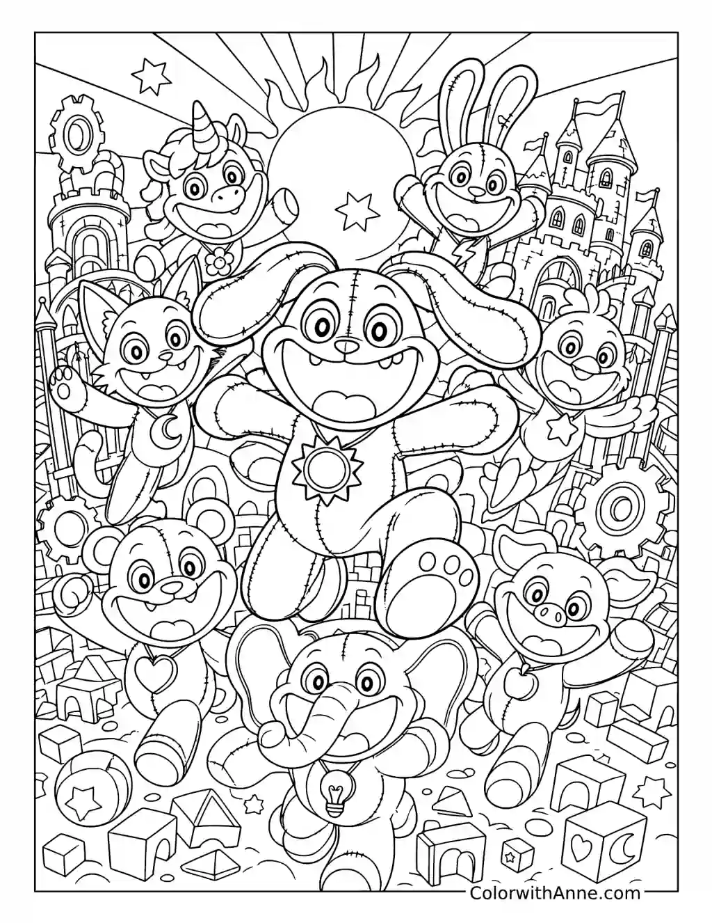 DogDay and the Smiling Critters in a Toy Castle Collage coloring page