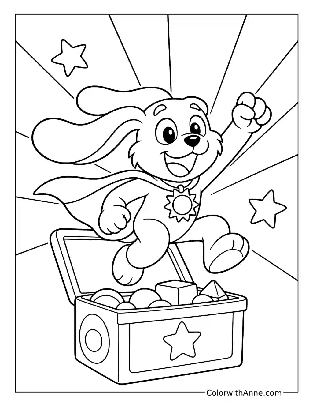 DogDay Leaping from a Toy Chest in a Superhero Cape coloring page