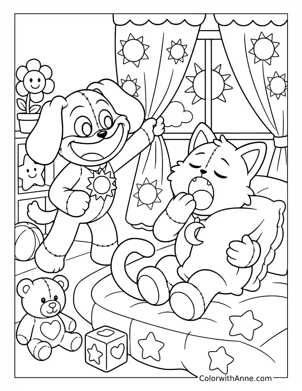 DogDay Opening the Curtains to Wake CatNap coloring page