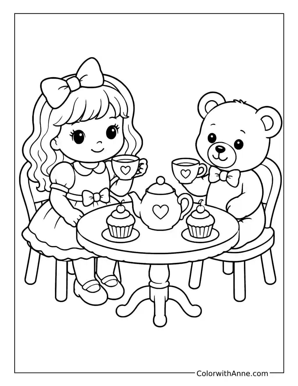 Doll and Teddy Bear Tea Party coloring page