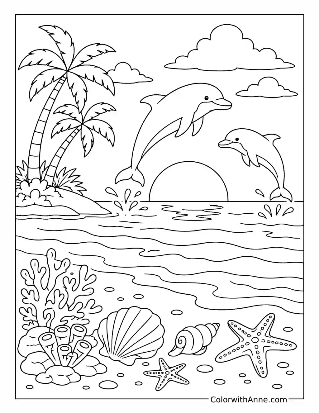 Dolphins at Ocean Sunset coloring page