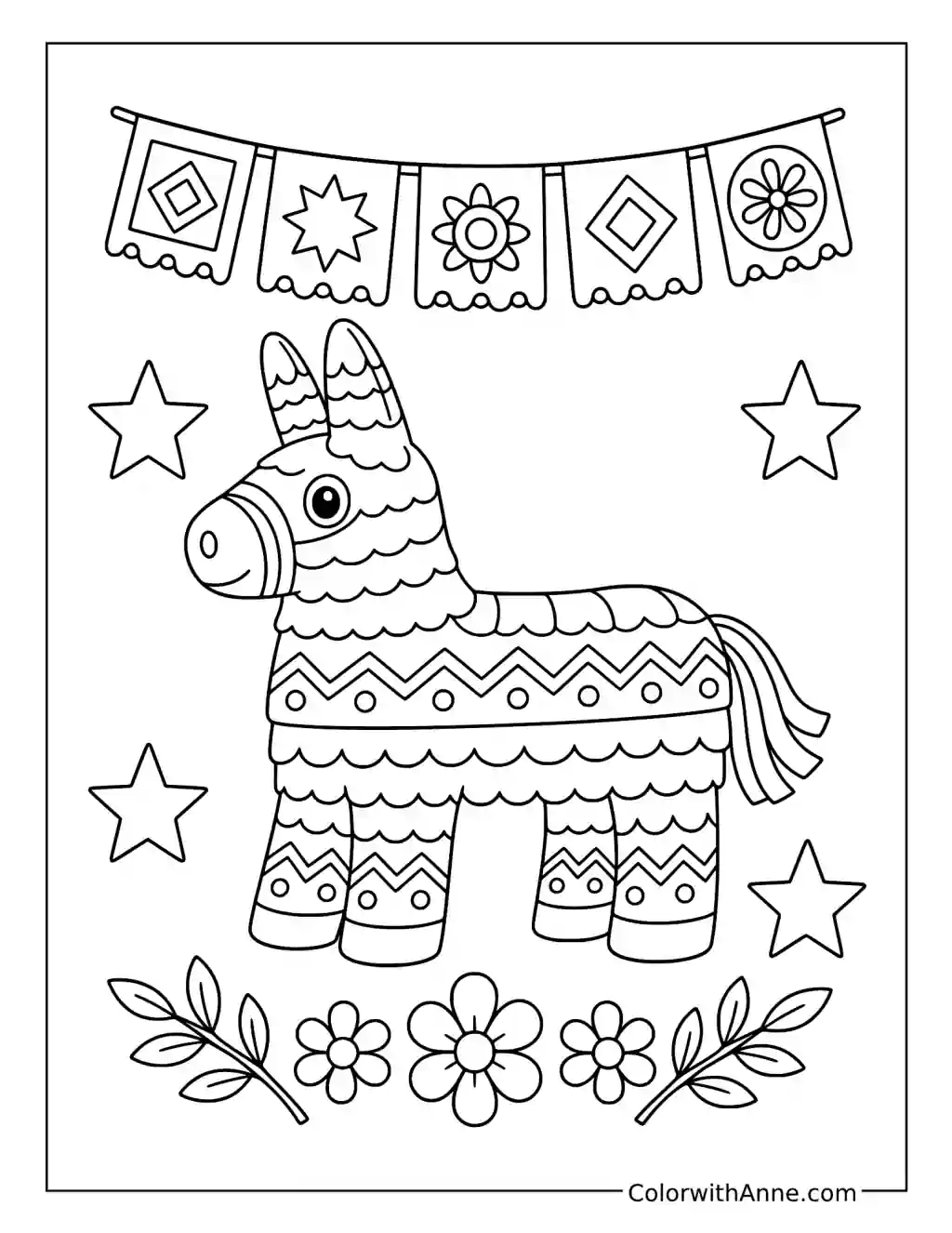Donkey Pinata Beneath Paper Banners coloring page