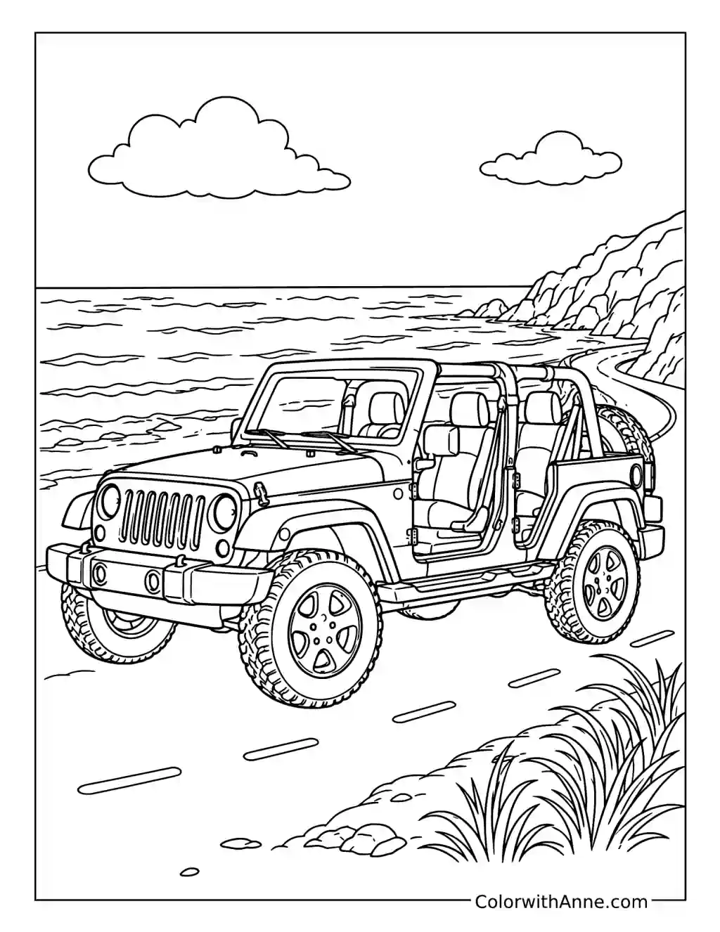 Doors-Off Jeep on a Coastal Road coloring page