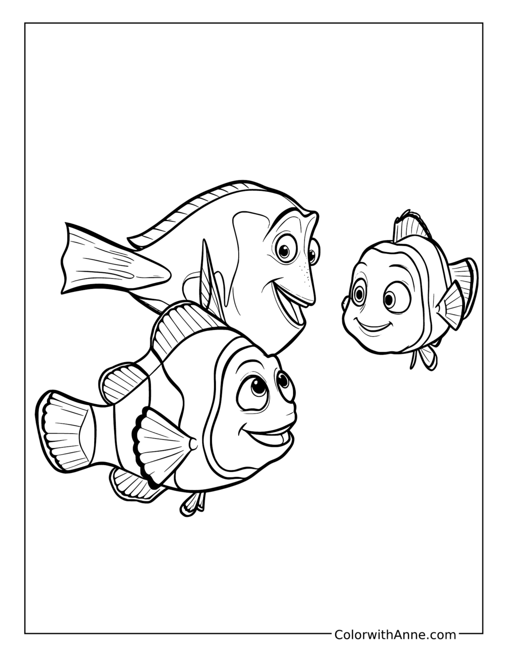 Dory Marlin and Nemo Smiling Together coloring page