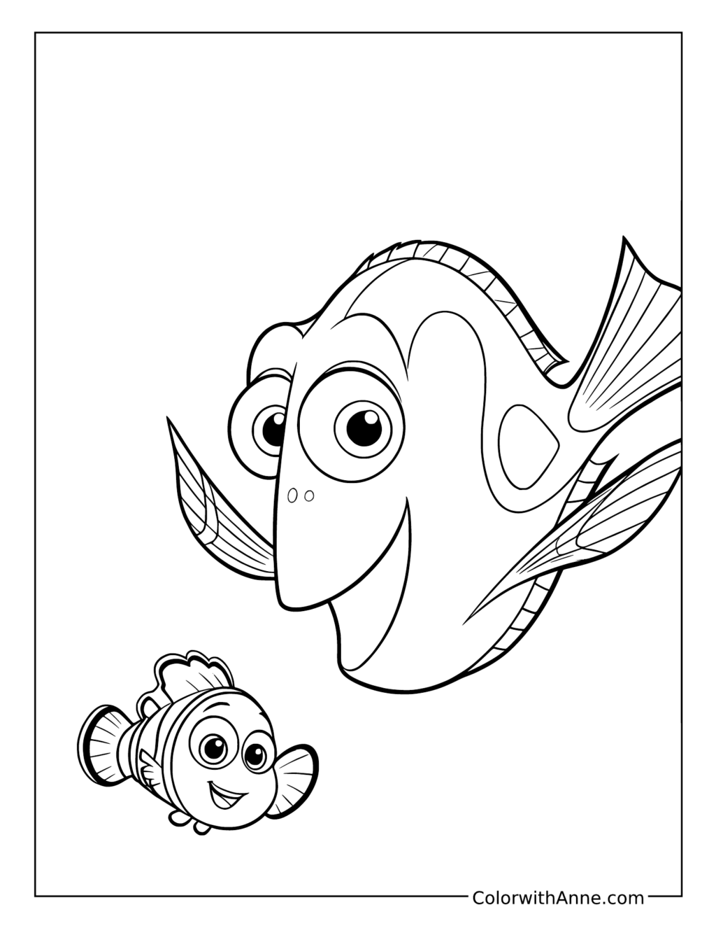 Dory Swimming above Nemo with Fins Spread coloring page