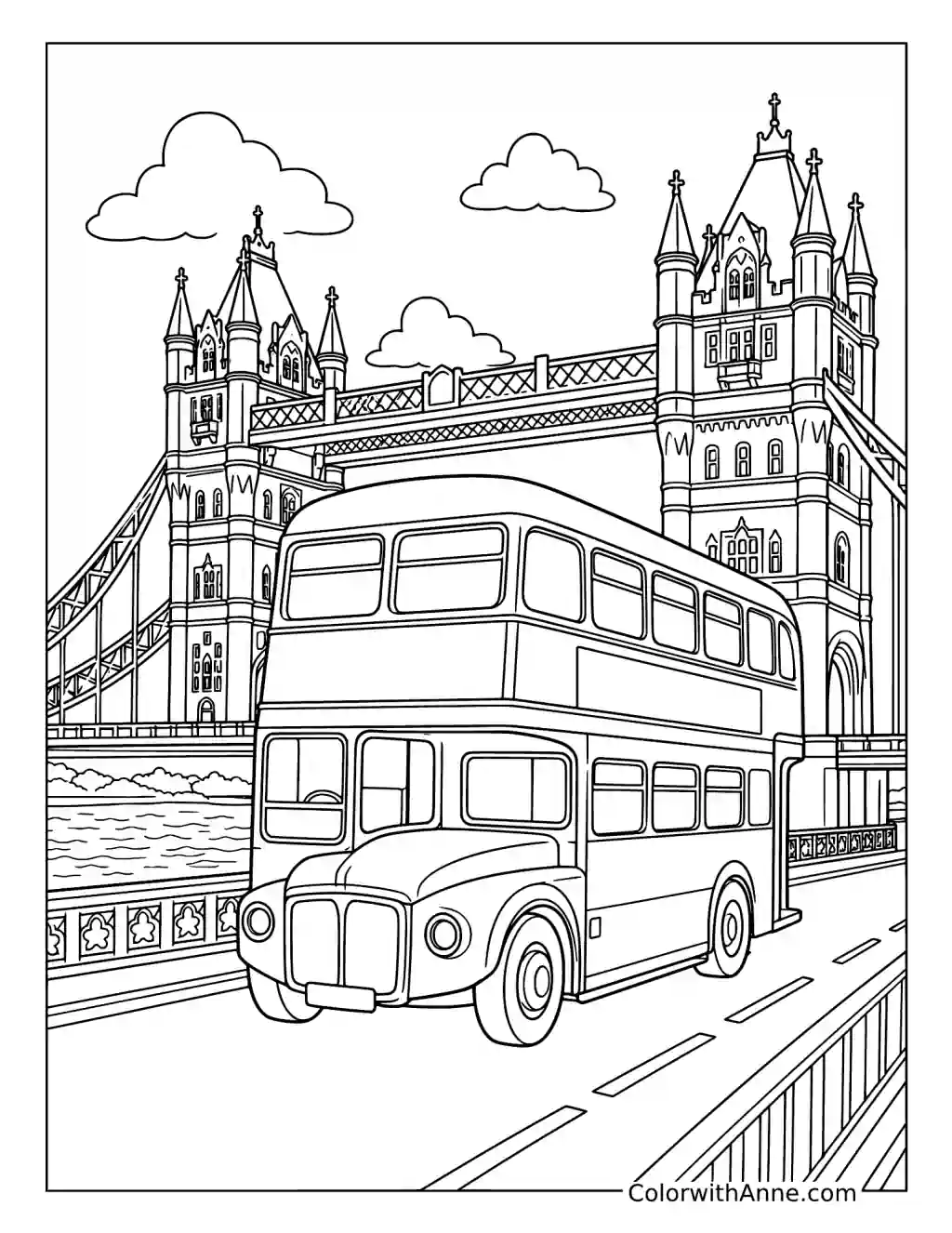 Double-Decker Bus Crosses Tower Bridge coloring page