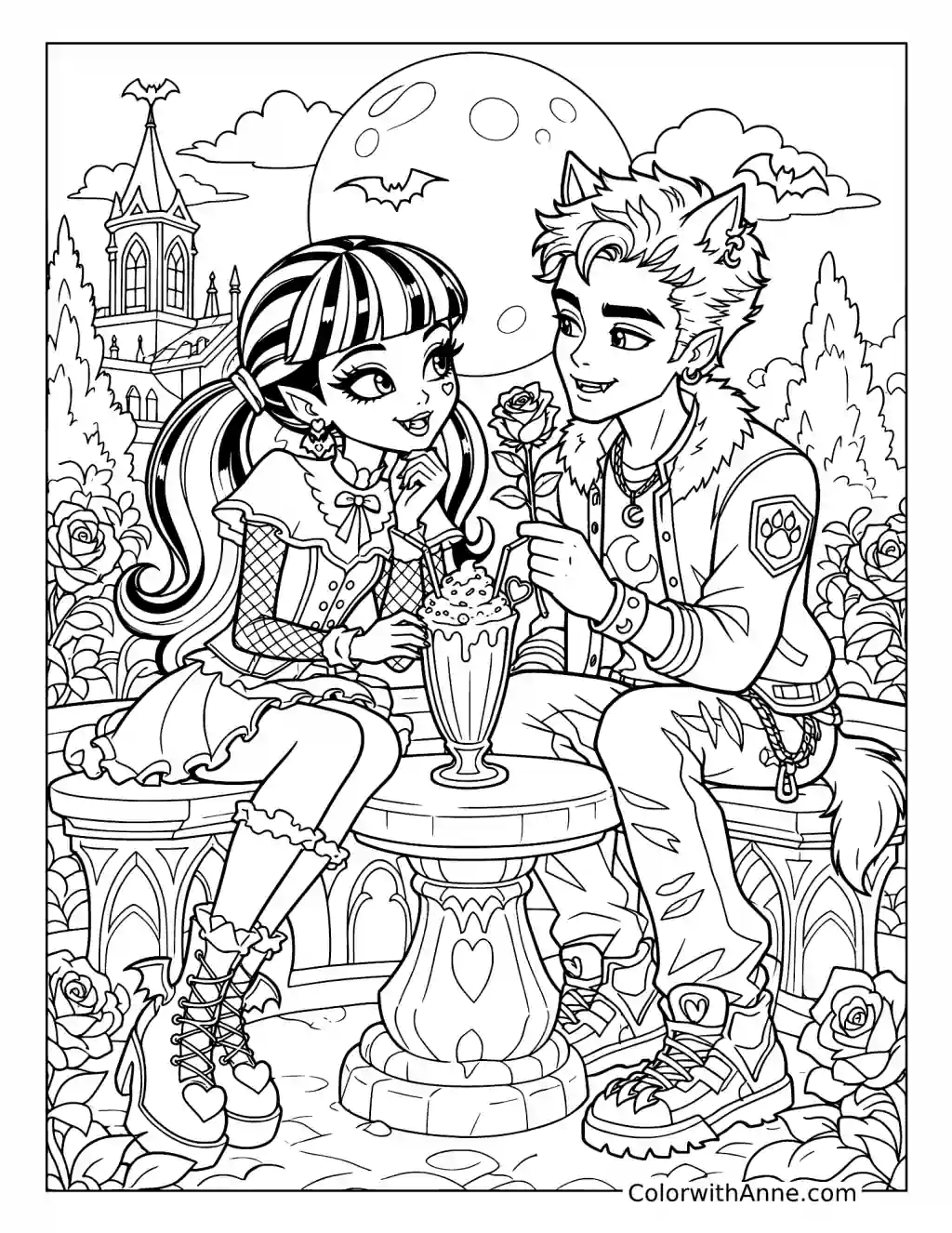 Draculaura and Clawd Wolf Sharing a Milkshake coloring page