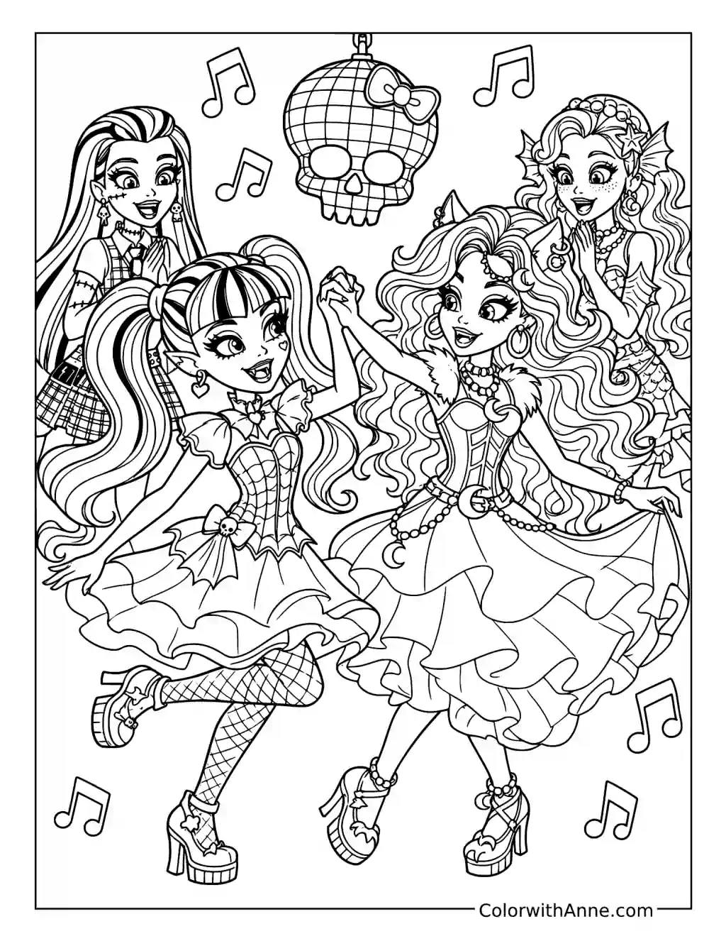 Draculaura and Clawdeen Wolf Dancing with Frankie and Lagoona coloring page