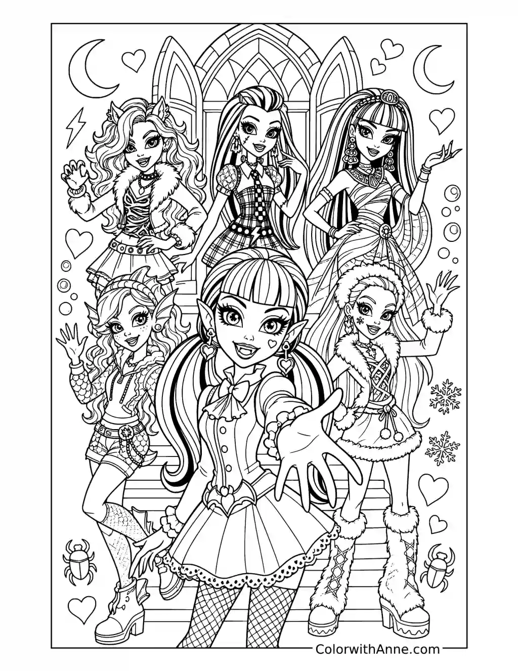 Draculaura and Friends at the Monster High Gothic Entrance coloring page
