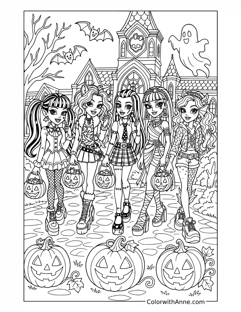 Draculaura and Friends Trick-or-Treating at Monster High coloring page