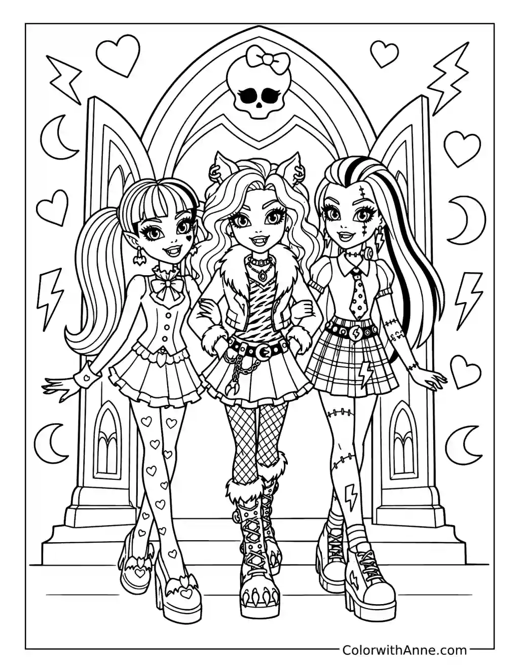Draculaura Clawdeen Wolf and Frankie Stein at the School Entrance coloring page