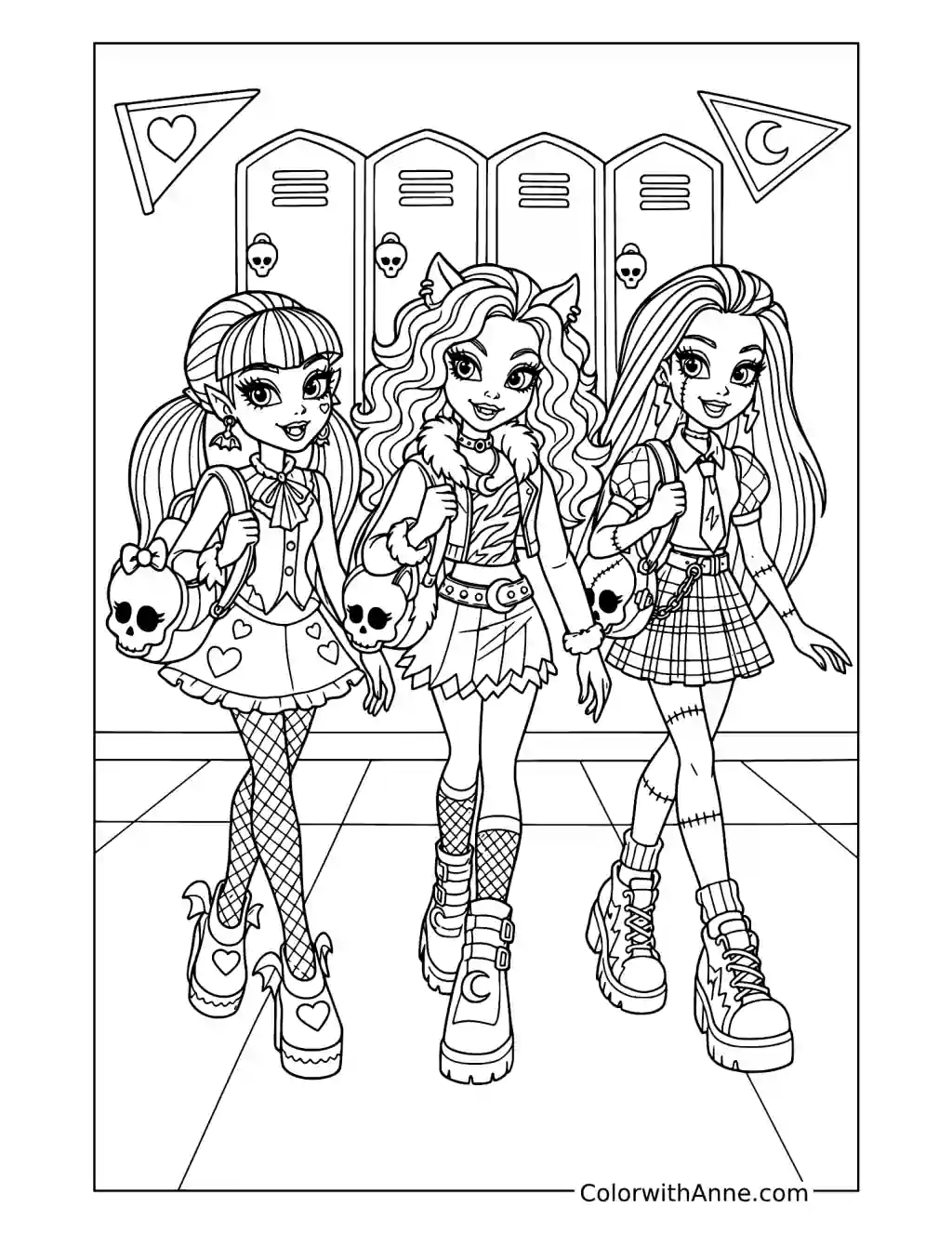 Draculaura Clawdeen Wolf and Frankie Stein by School Lockers coloring page