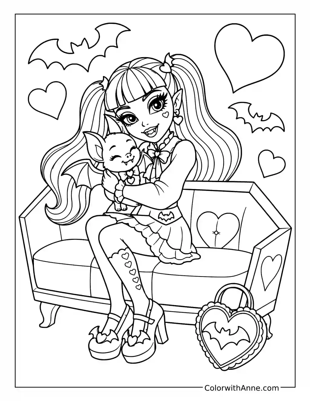Draculaura Cuddling Count Fabulous on a Coffin Sofa coloring page