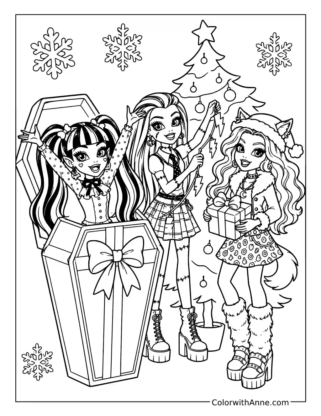 Draculaura Frankie Stein and Clawdeen Wolf Celebrating Christmas coloring page
