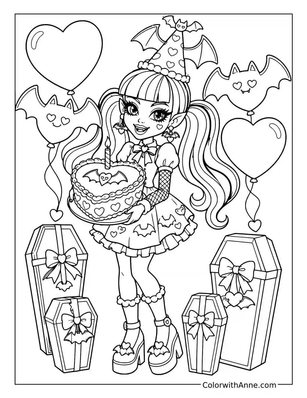 Draculaura Holding a Heart-Shaped Birthday Cake coloring page
