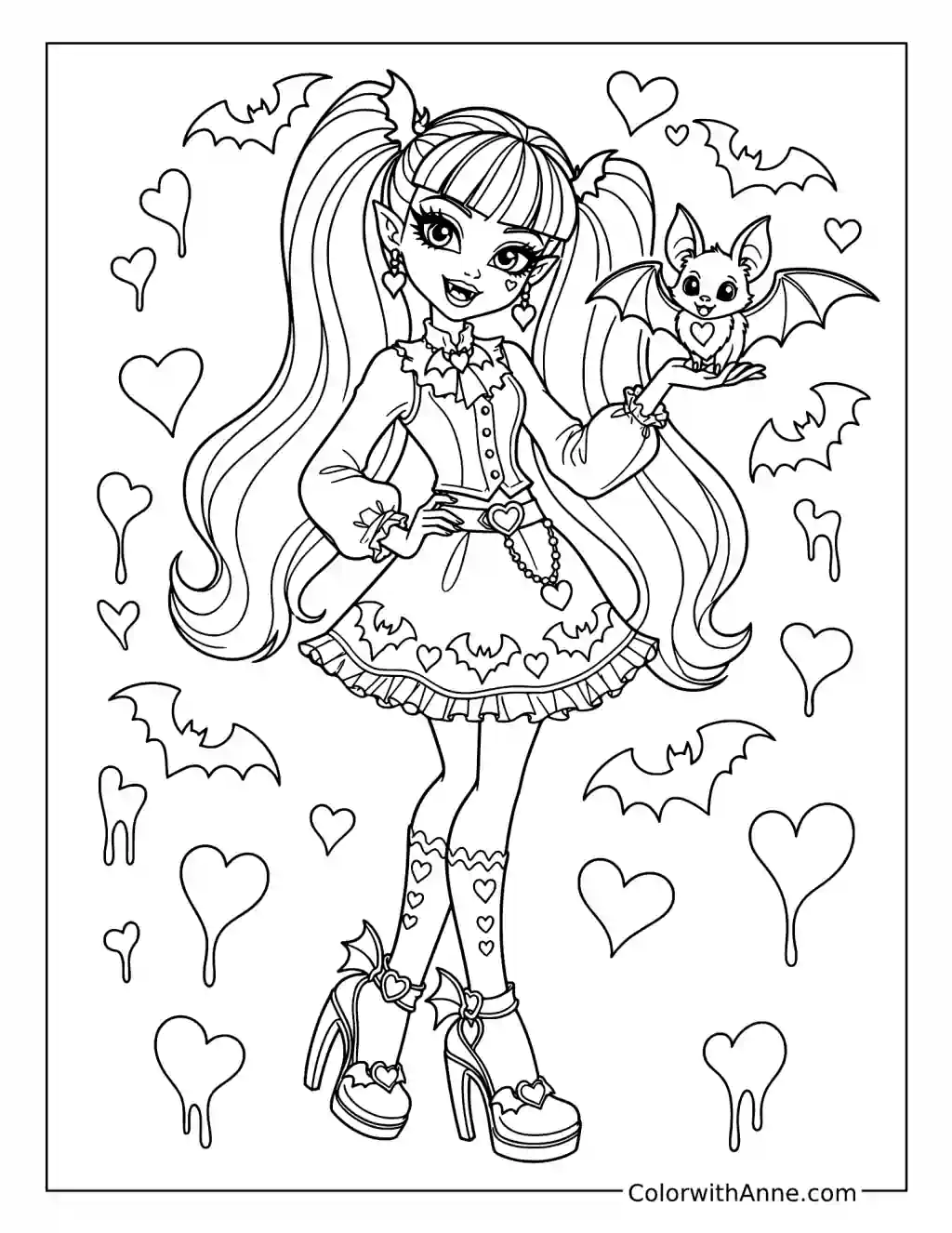 Draculaura Holding Count Fabulous Among Hearts and Bats coloring page