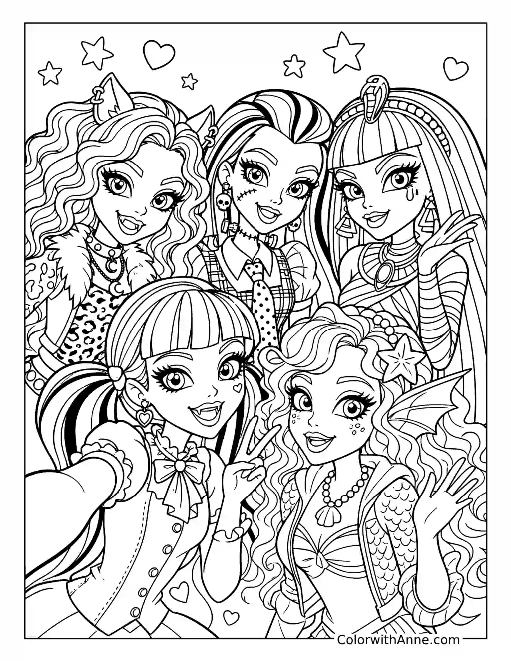 Draculaura Taking a Selfie with Her Monster High Friends coloring page