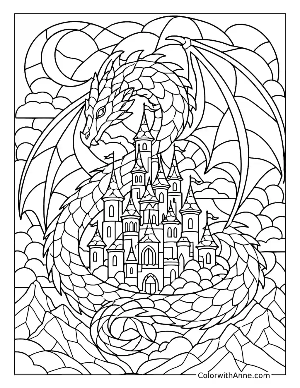 Dragon and Castle Stained Glass coloring page