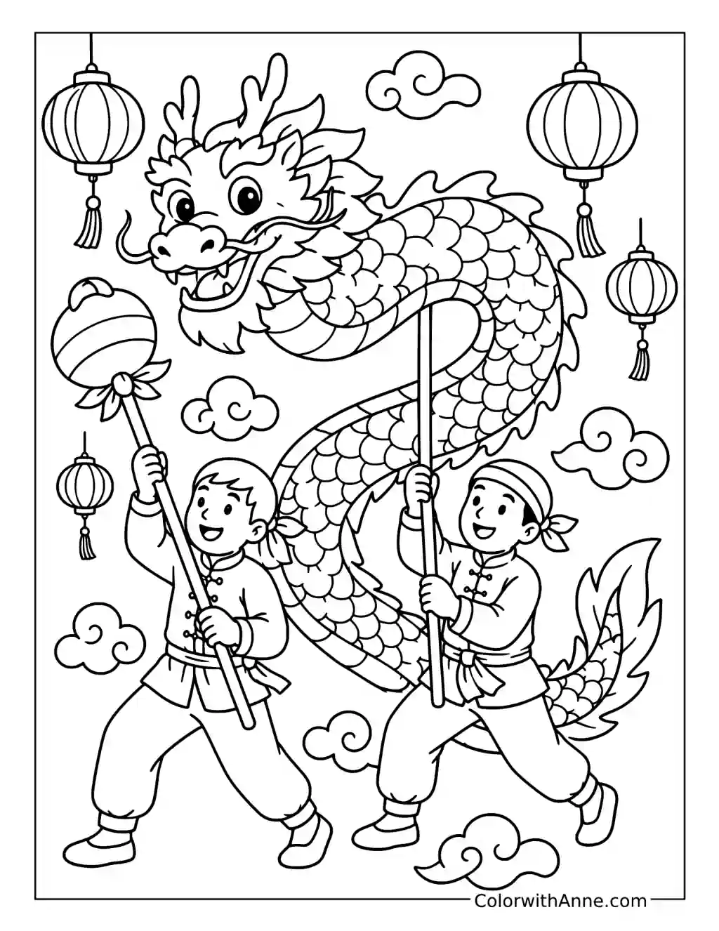 Dragon Dance with Lanterns and Clouds coloring page