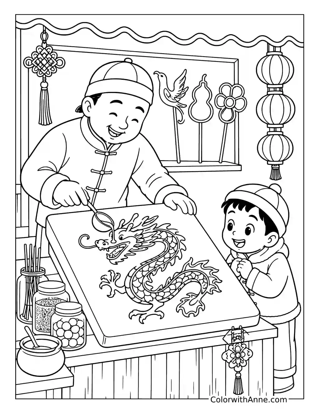 Dragon Sugar Painting at a New Year Market coloring page