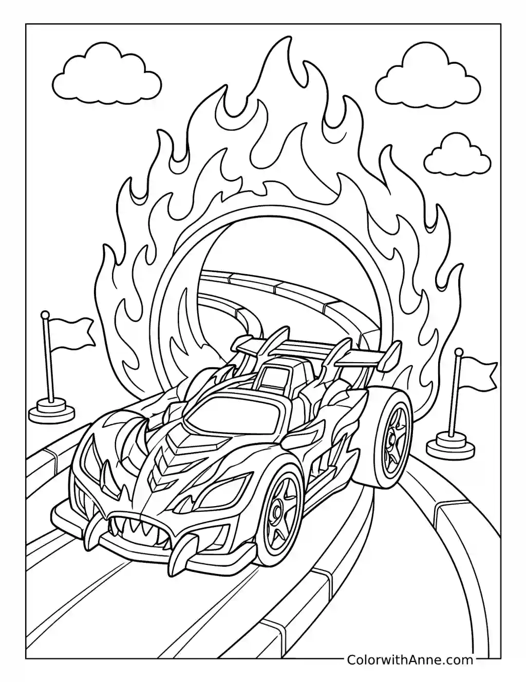 Dragon-Themed Car Racing through a Flame Loop coloring page