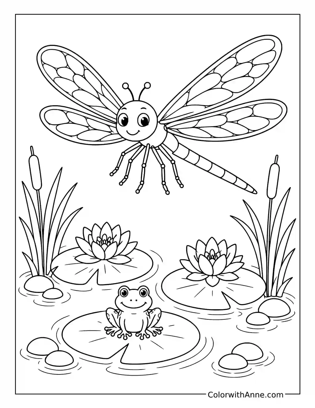 Dragonfly Over Lily Pond coloring page