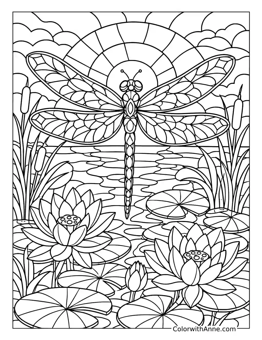 Dragonfly over Water Lilies Stained Glass coloring page
