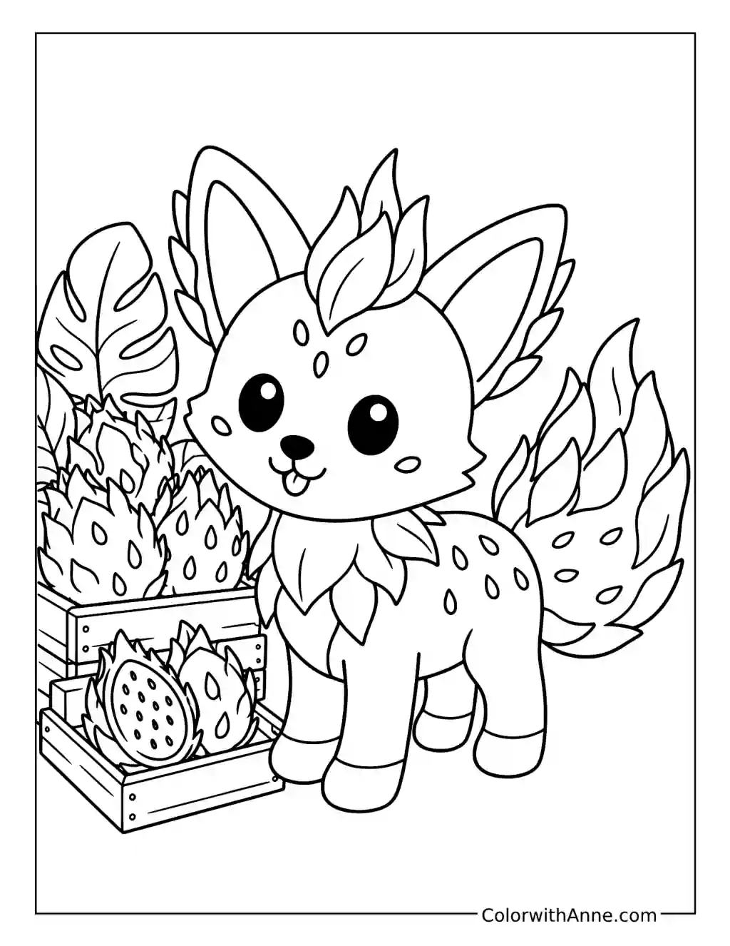 Dragonfruit Fox Among Fruit Crates coloring page