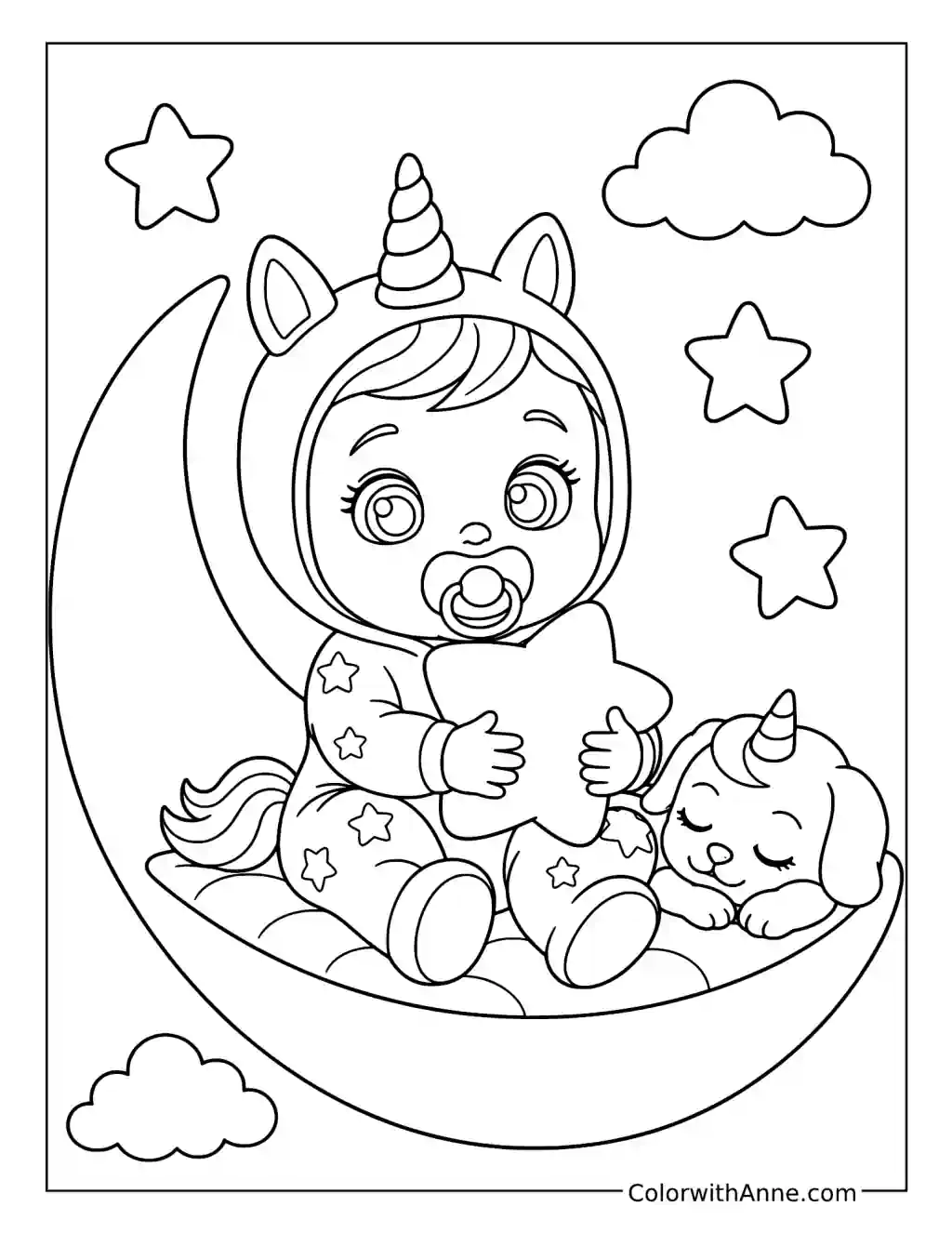 Dreamy Holding a Star on a Crescent Moon coloring page