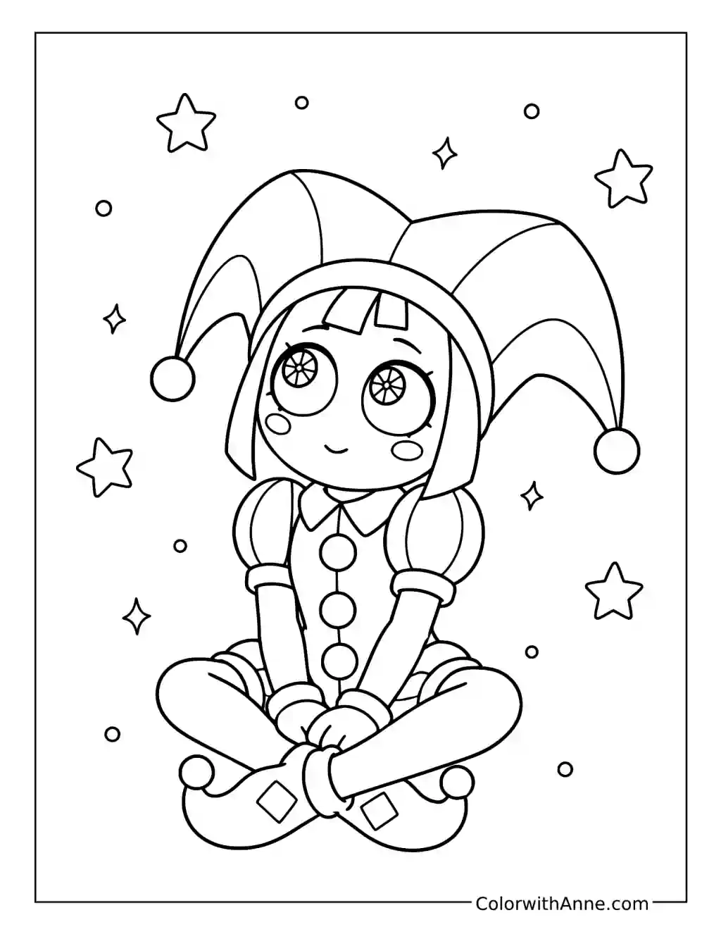 Dreamy Pomni Sitting Among Stars coloring page
