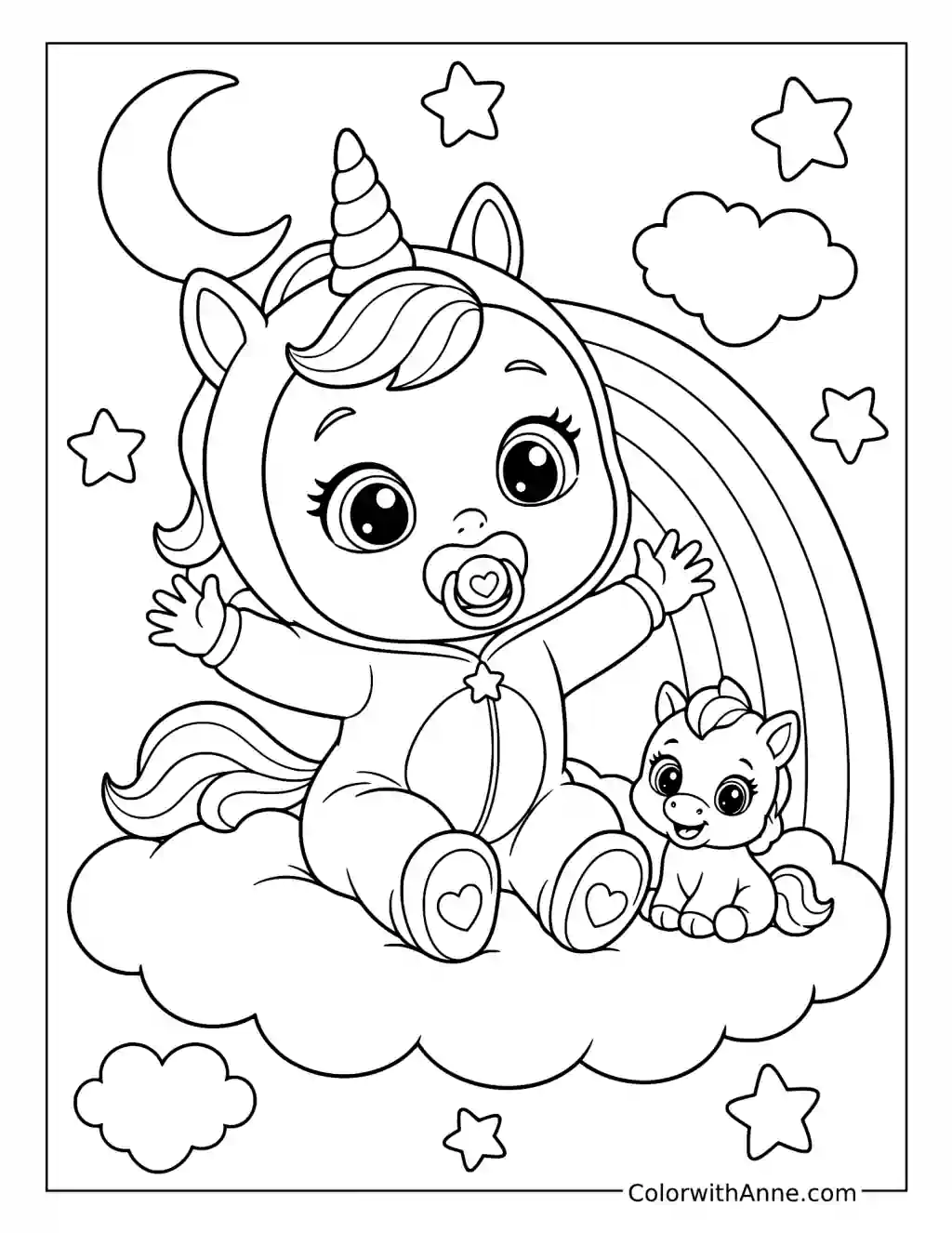 Dreamy Sitting on a Cloud with a Unicorn coloring page
