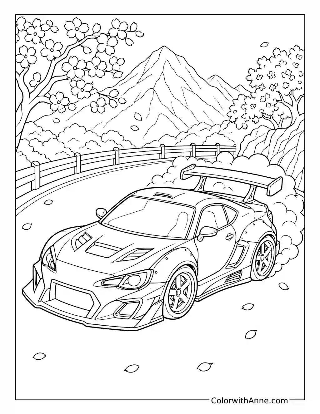 Drift Car on a Cherry Blossom Mountain Road coloring page