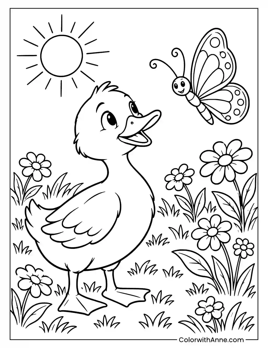 Duck and Butterfly in a Flower Field Coloring Page