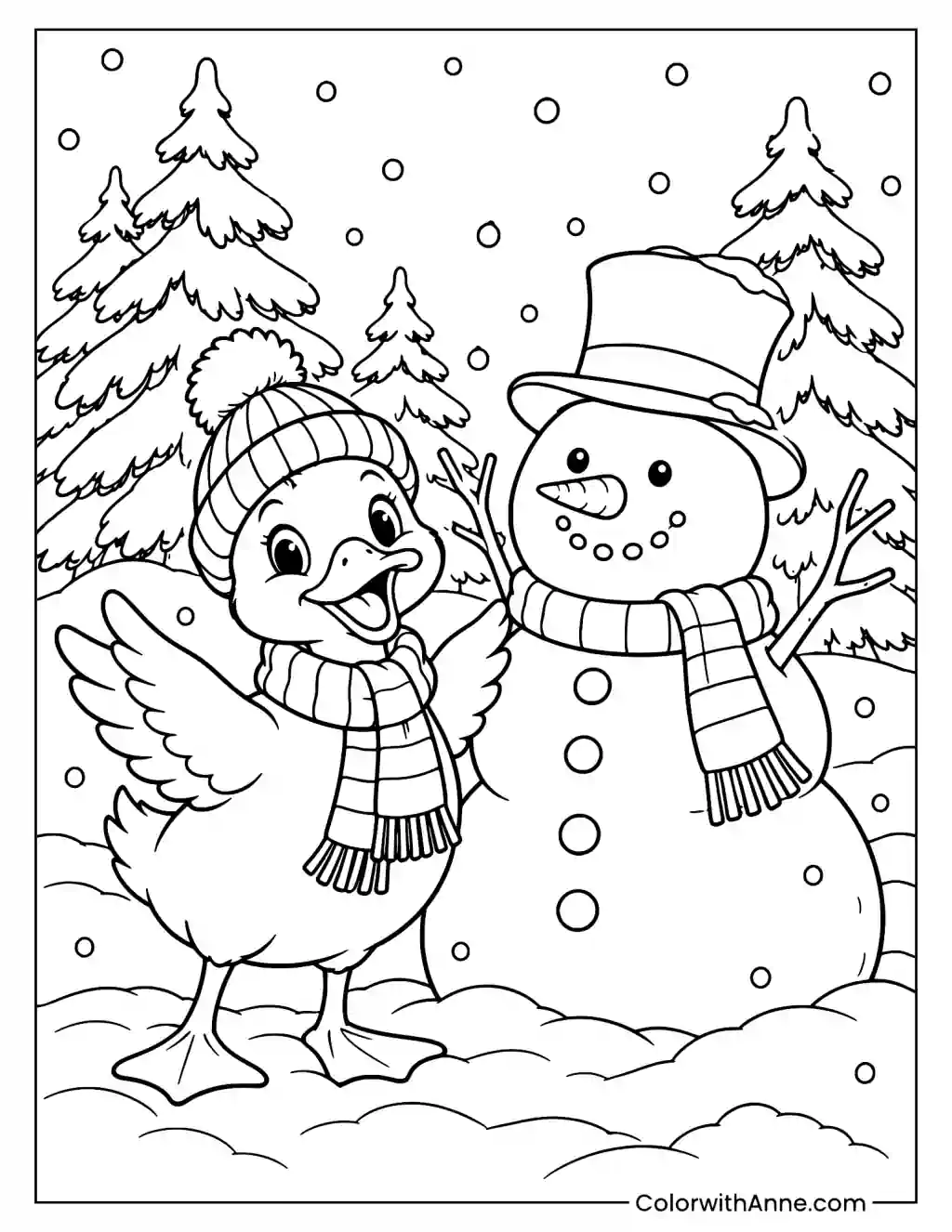 Duck and Snowman in Winter Clothing Coloring Page
