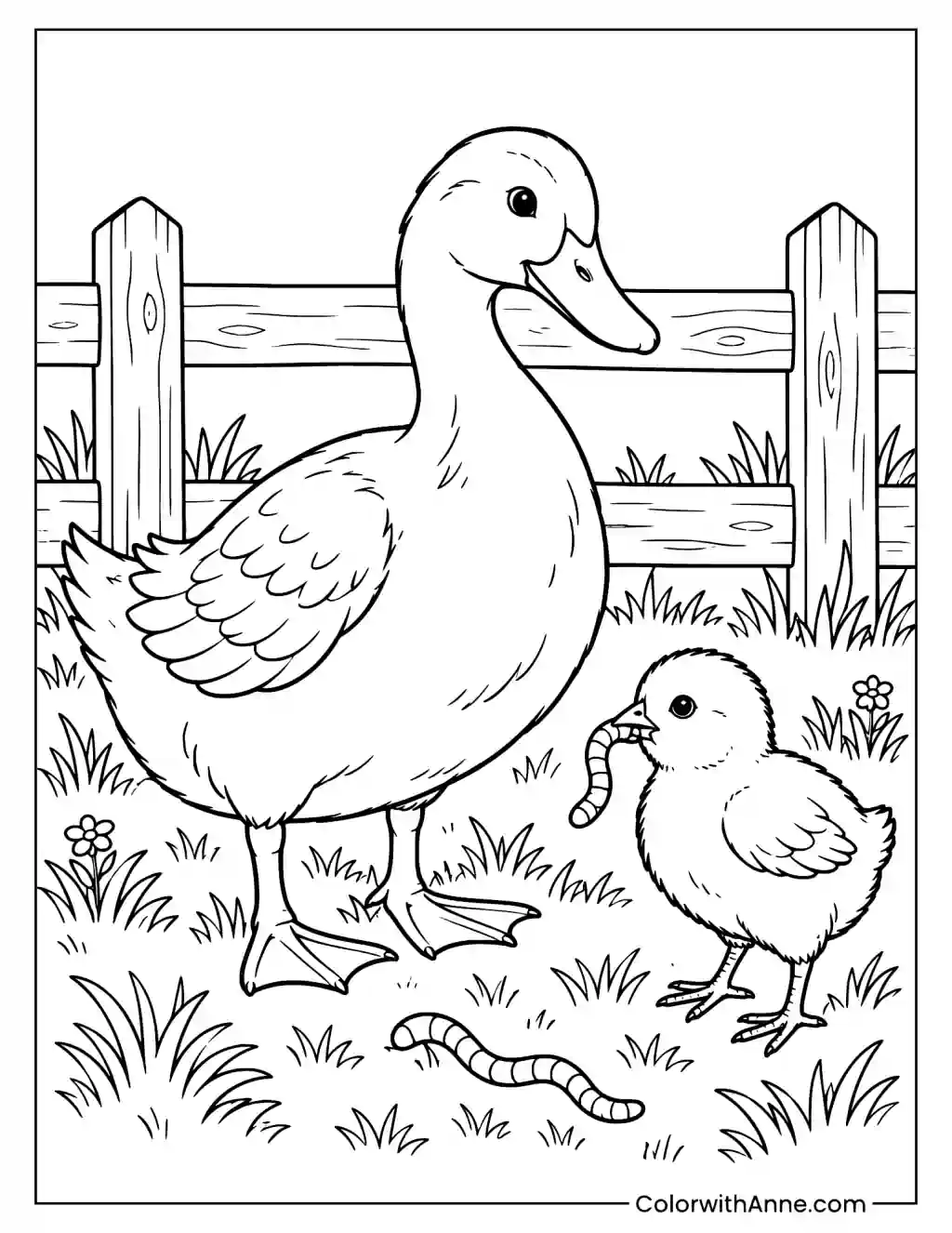 Duck, Chick, and Fence with Worms Coloring Page