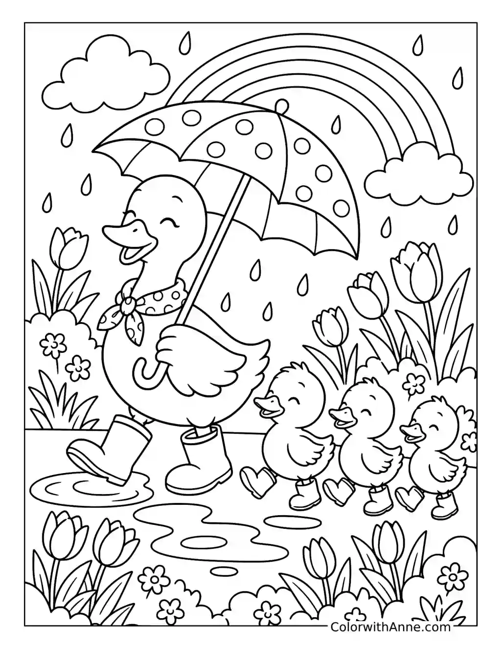 Duck Family Spring Rain Walk coloring page