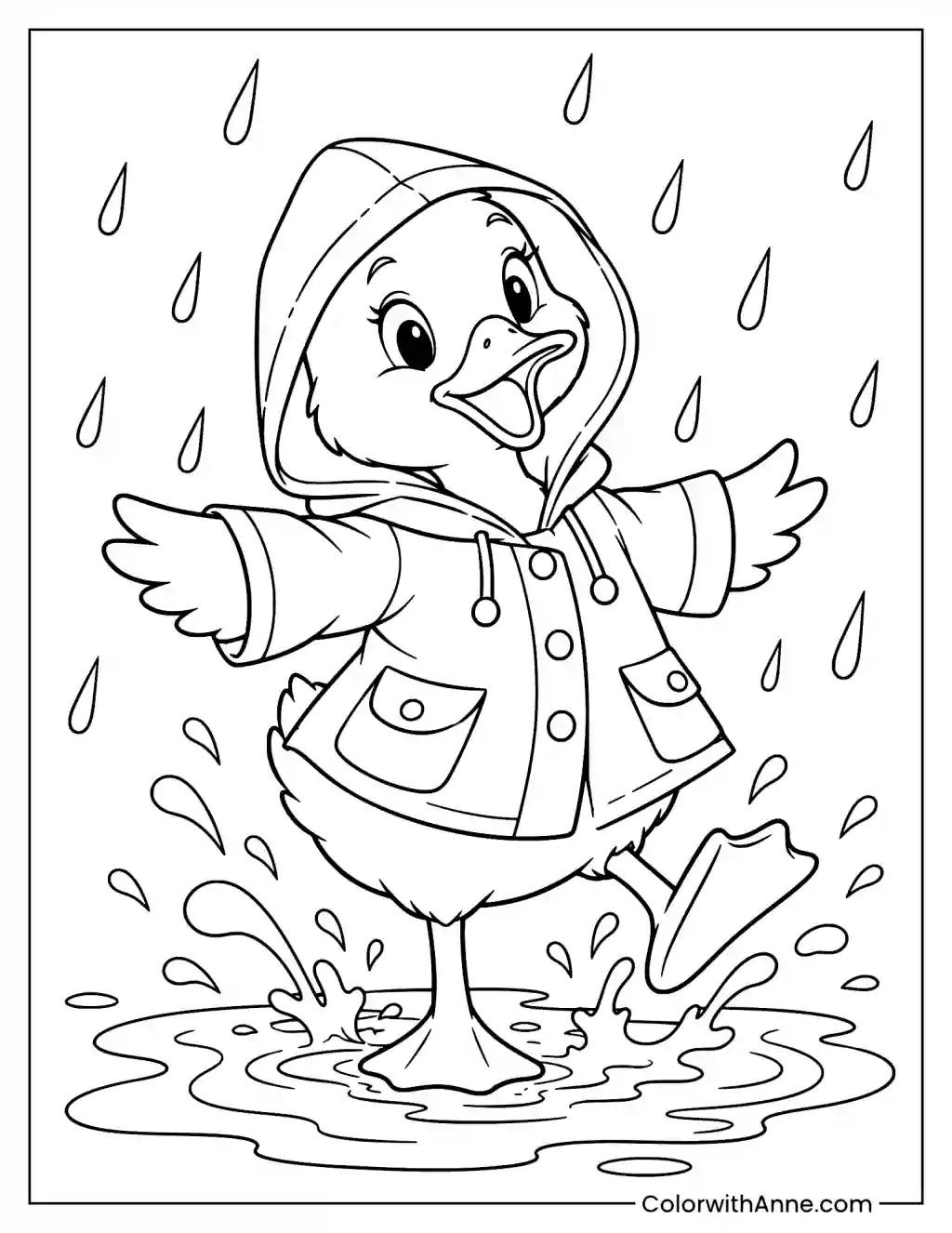 Duck in a Raincoat Splashing in Puddles Coloring Page