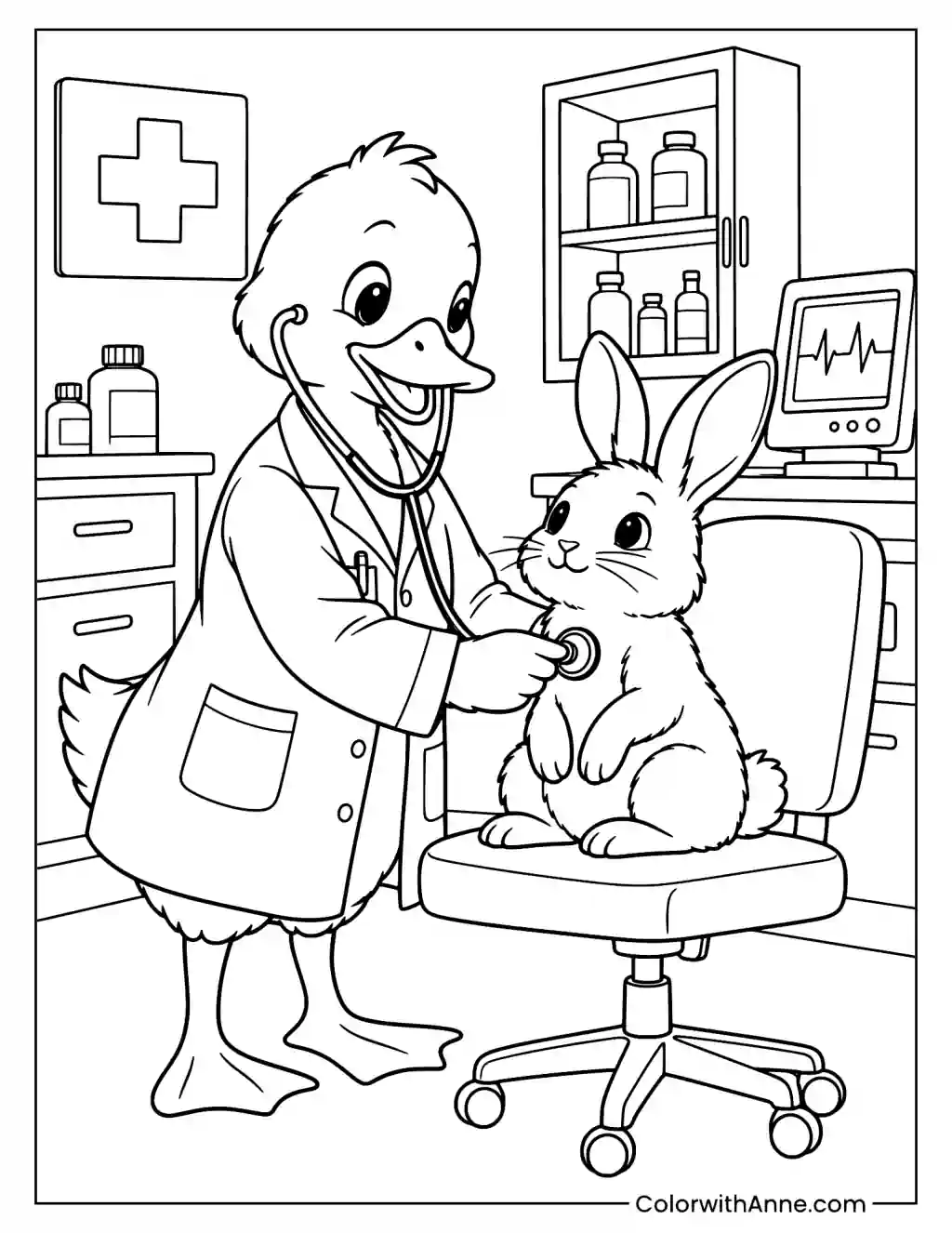 Duck Veterinarian with Bunny Patient Coloring Page