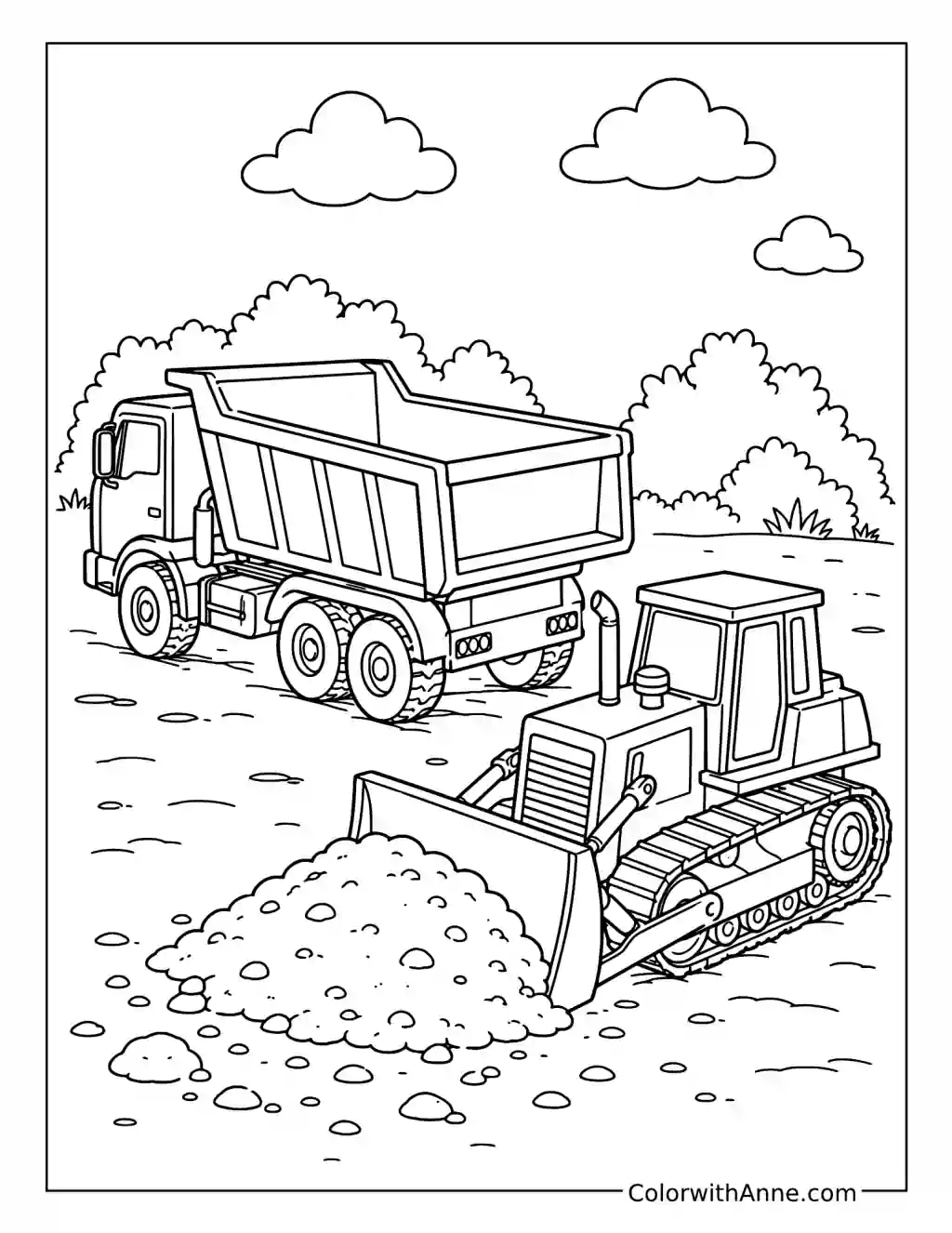 Dump Truck and Bulldozer Working Together coloring page