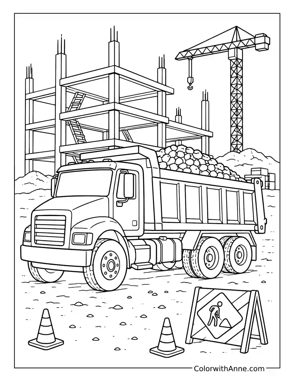 Dump Truck at a Building Construction Site coloring page