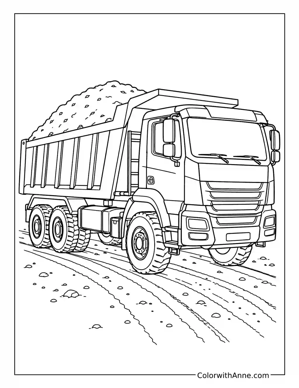 Dump Truck Carrying Sand on a Dirt Road coloring page