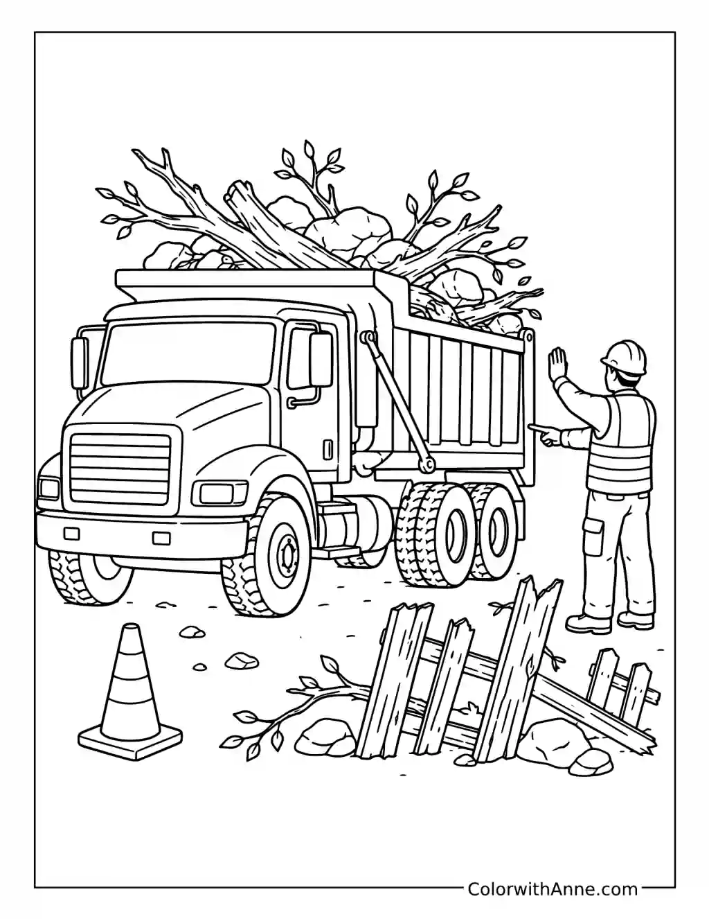 Dump Truck Clearing Storm Debris coloring page