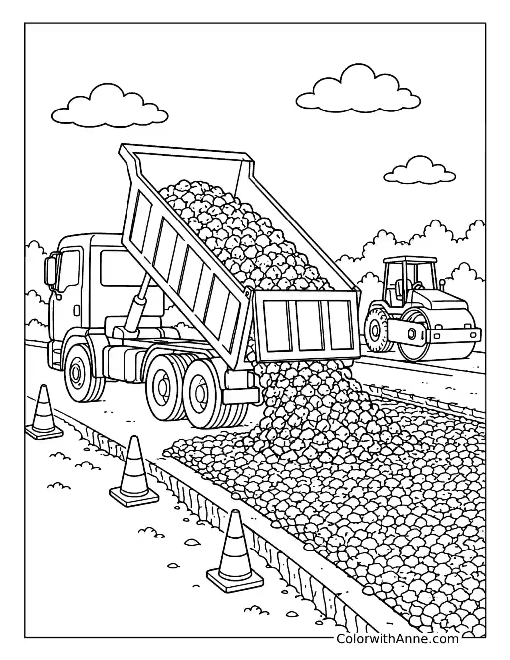 Dump Truck Delivering Gravel for Road Construction coloring page