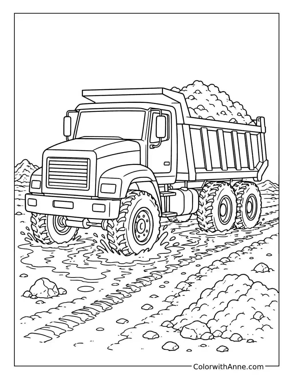 Dump Truck Driving Through a Muddy Road coloring page