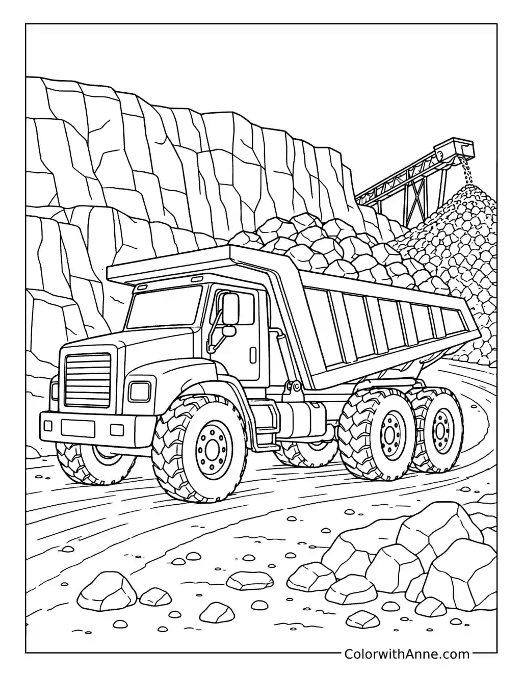 Dump Truck Hauling Rocks Through a Quarry coloring page