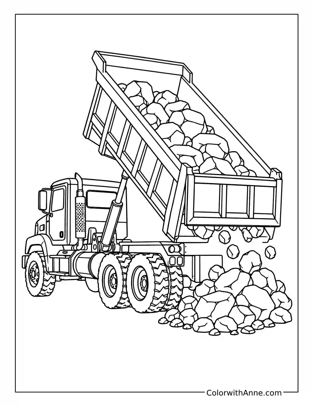 Dump Truck Unloading a Pile of Rocks coloring page