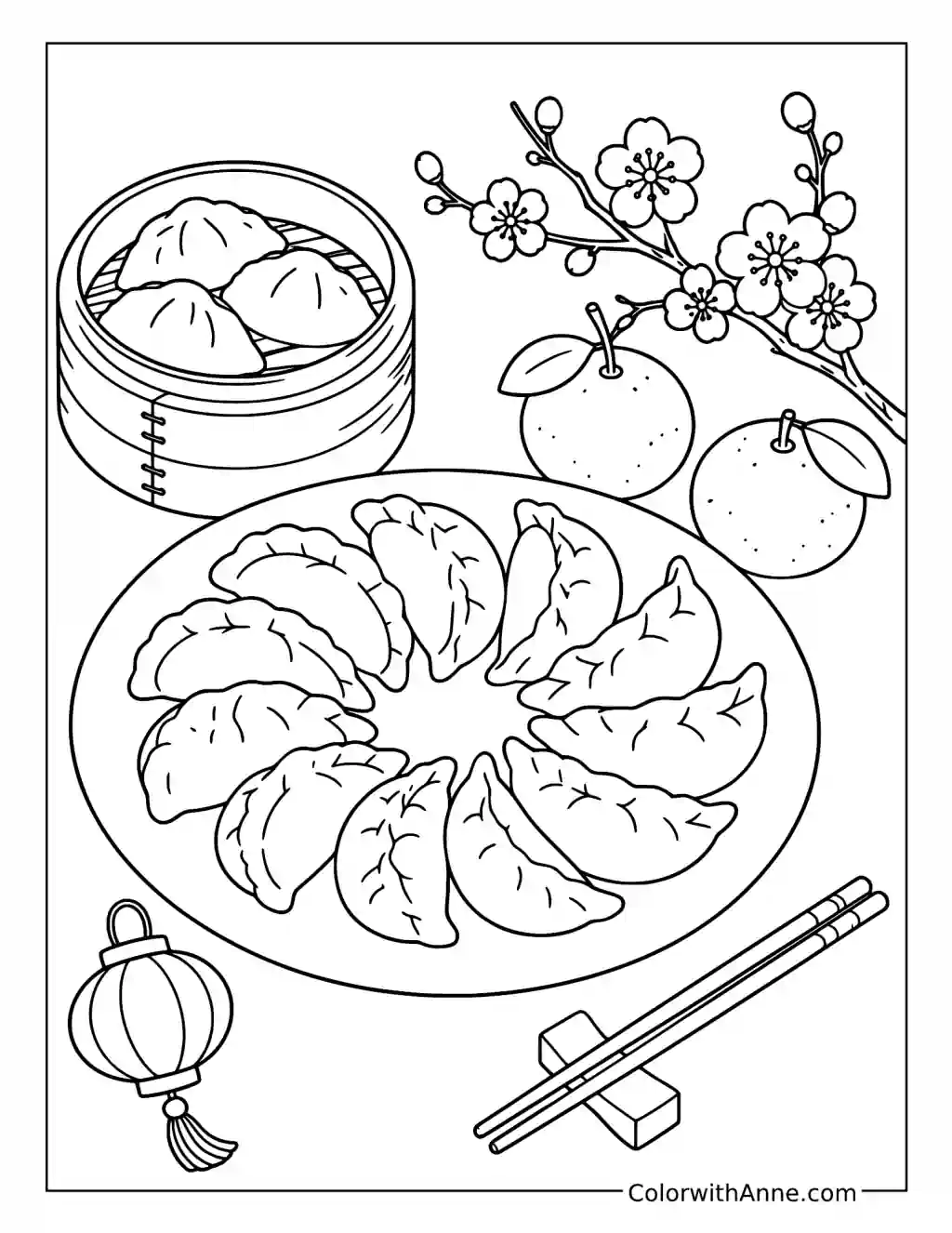 Dumpling Feast with Oranges coloring page