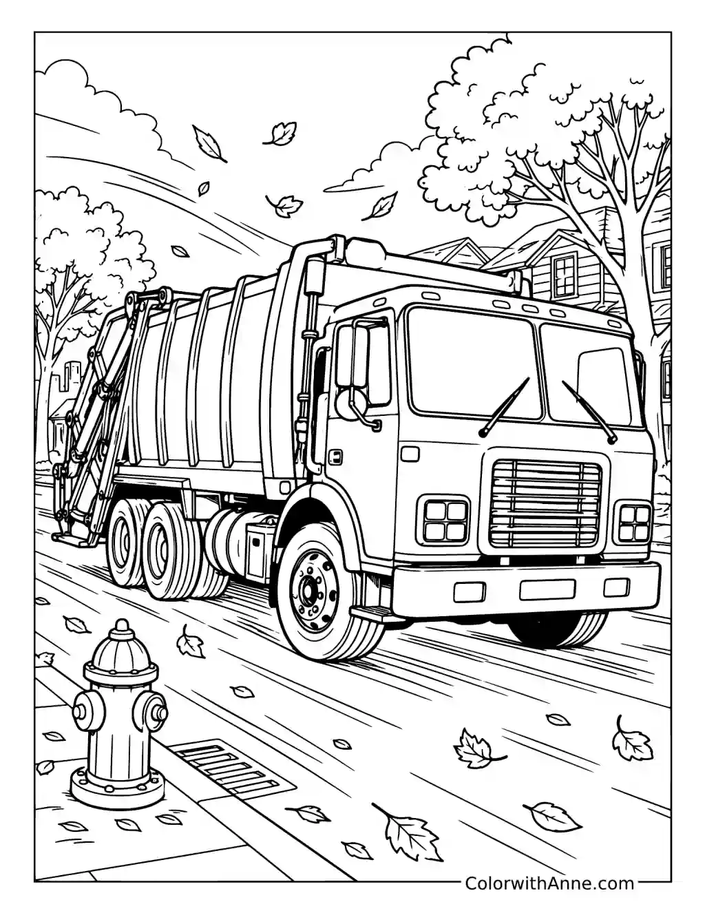 Dynamic Garbage Truck Street Scene coloring page